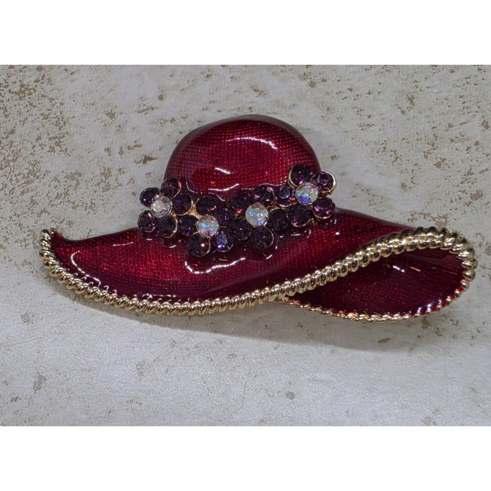 Vintage Enamel Red Hat Society Purple Rhinestones Pendant Or Brooch Pin